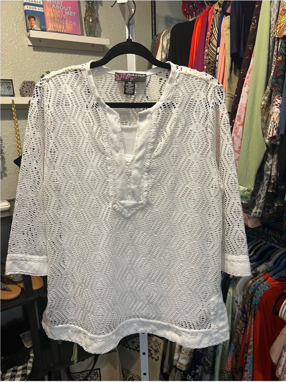 Peck & Peck White Patterned Eyelet top with Tank Liner